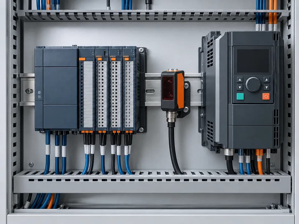 PLC, sensor y variador en un cuadro de automatización industrial