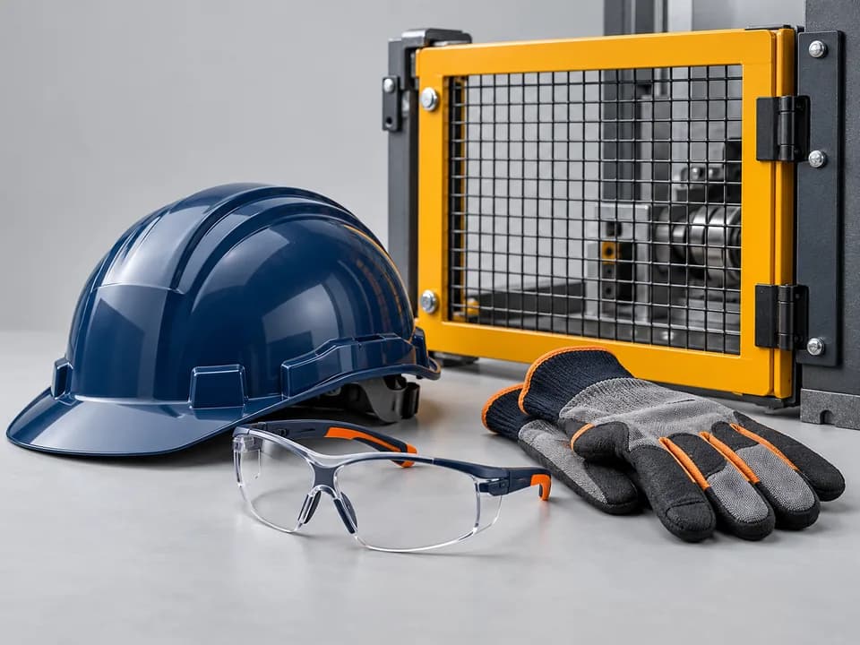 Casco, gafas y guantes junto a una protección de máquina