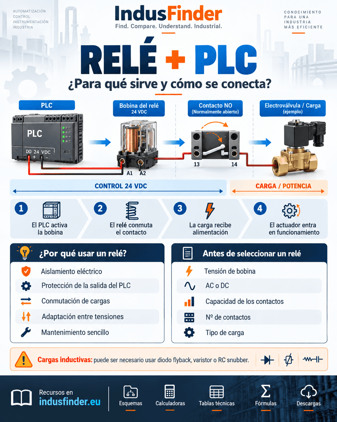 Infografía de un PLC que acciona un relé y una carga mediante el contacto normalmente abierto